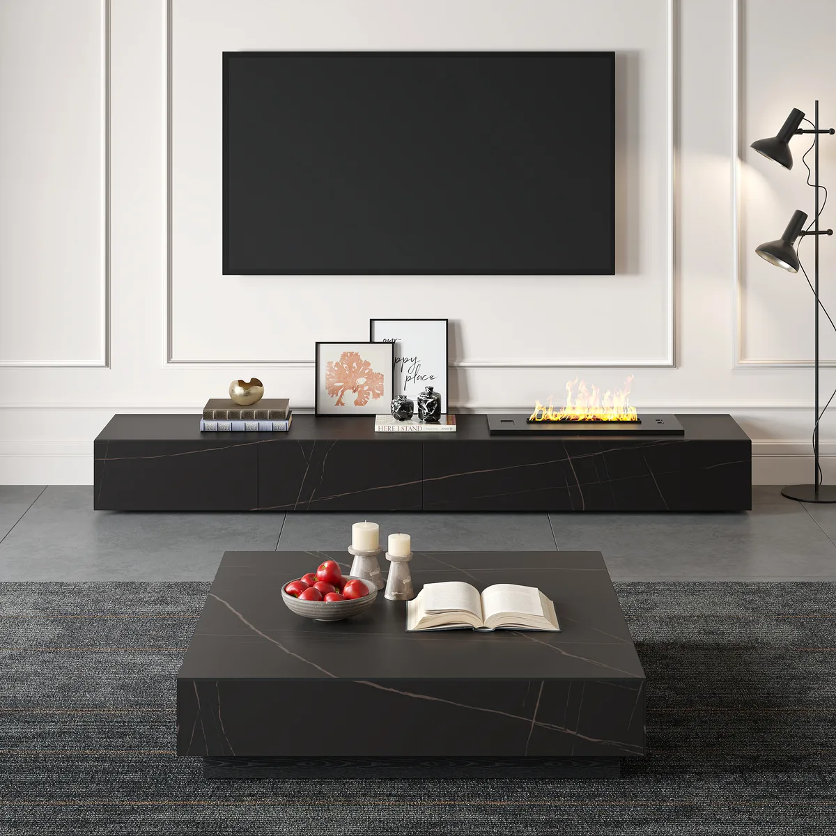 87" Black TV Stand Faux Marble with Storage for TVs Up — image 25