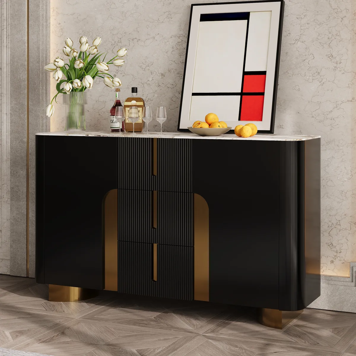 Artis Modern White 59"W Sintered Stone Sideboard 3 Drawers Kitchen Buffet Table — image 4