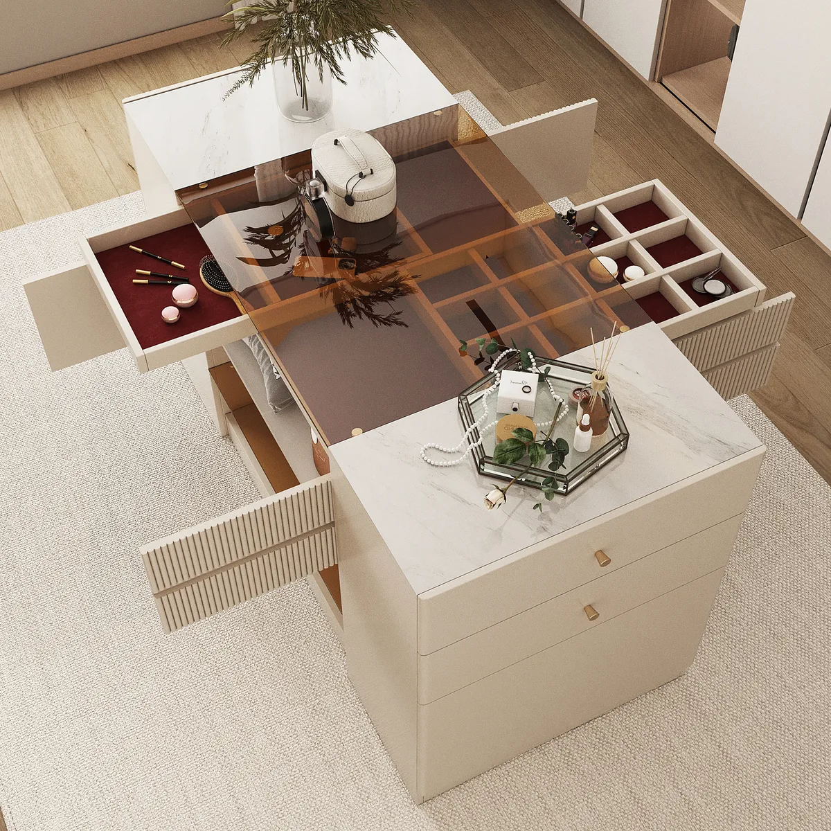 60" Glass Top Walnut Dresser Walk-in Closet Island with Jewelry Storage — image 27