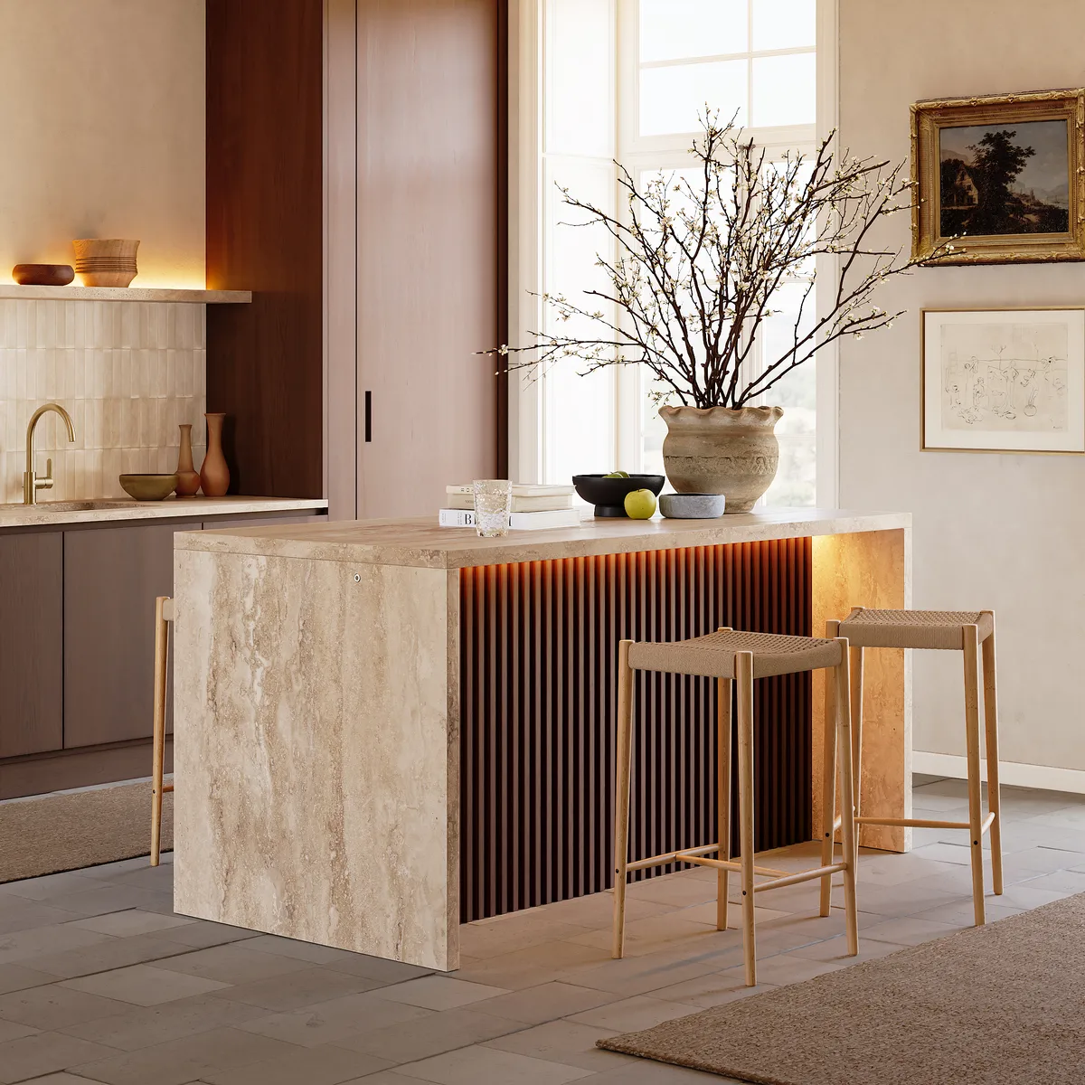 72" Waterfall Wood Kitchen lsland Fluted Panel Design with & Storage & LED Light — image 5