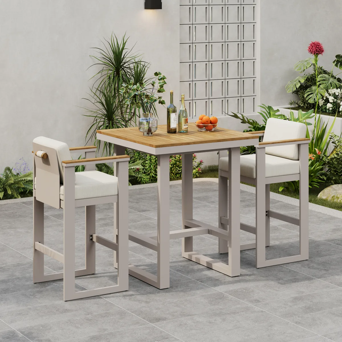 Tevara Outdoor Teak Wood Slat Top & Sand Aluminum Frame Bar Table for Patio — image 16