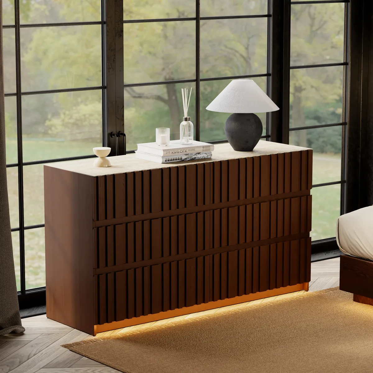 Aura 59" Walnut Sintered Stone 6-Drawer Dresser with Lighting — image 11