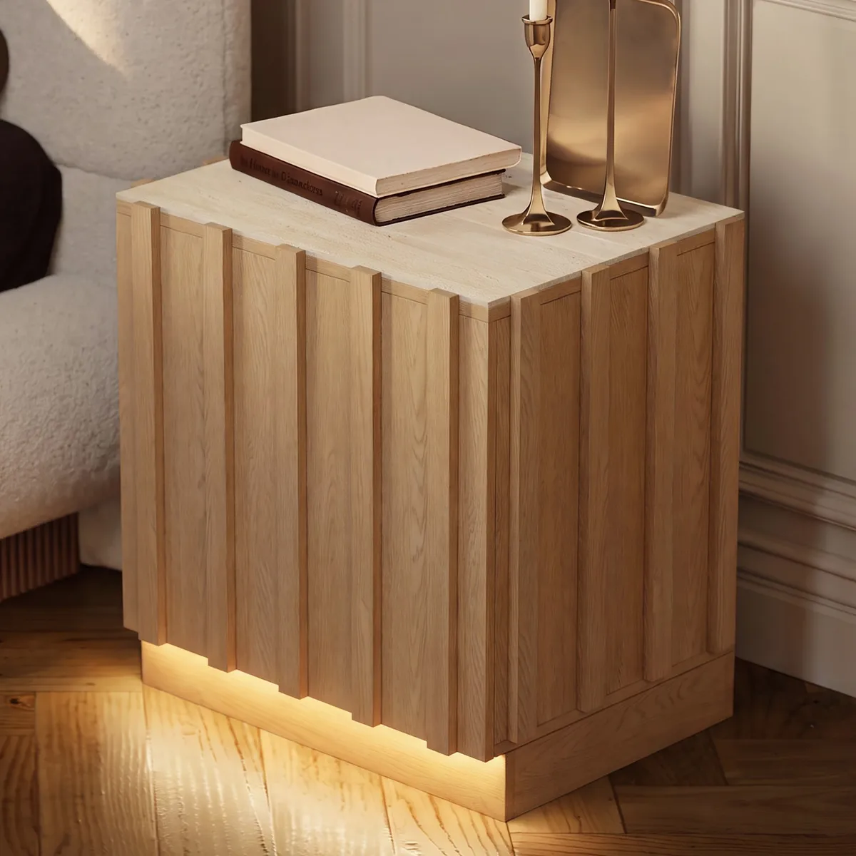 Aura Natural Ash Wood Led Nightstand with Charging Station