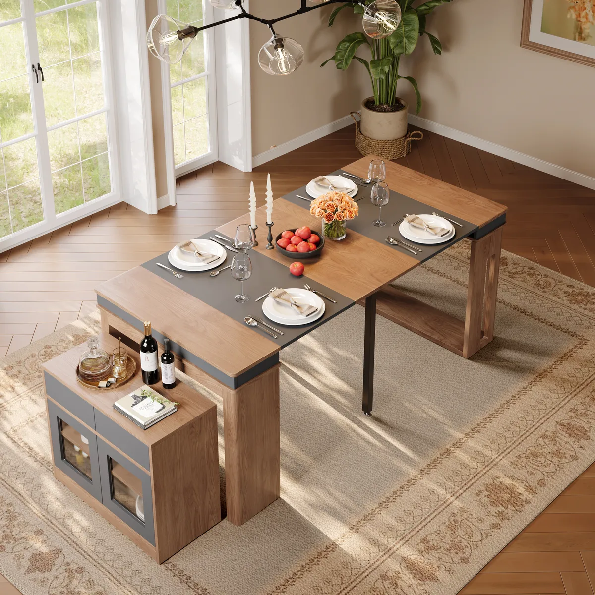 70.9" Rectangle Extendable Dining Table with Storage Sideboard for 4 Farmhouse Walnut & Gray Expandable Table — image 8