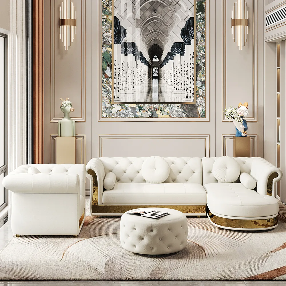 Dodiy Modern L-Shaped White Tufted Corner Sectional Sofa 6-Seater with Ottoman & Pillows — image 2