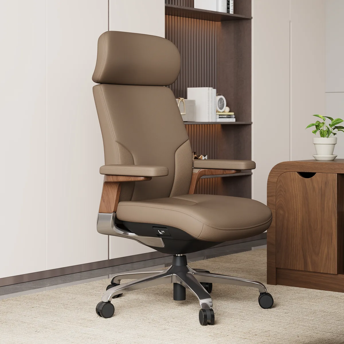 Black Genuine Leather Swivel Office Chair with Ergonomic Synchro-Tilt Recline System — image 22