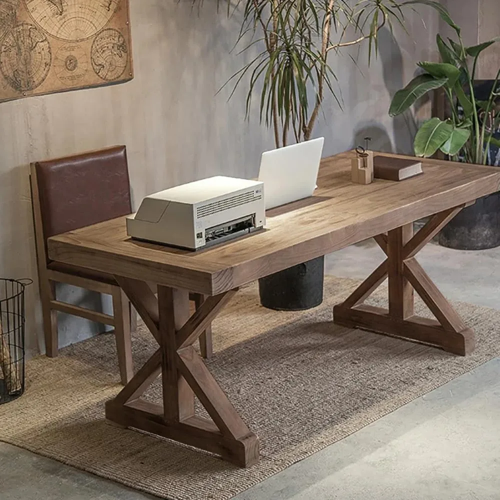 Vintage Style Pine wood Office Writing Desk with Trestle Leg in Natural Farmhouse Home Office Furniture Rectangular — image 11