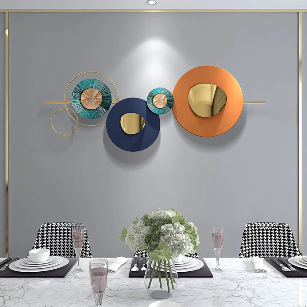 Modern Round Metal Wall Art 59" x 23" Geometric Decor in Orange & Gold & Blue Living Room — image 7