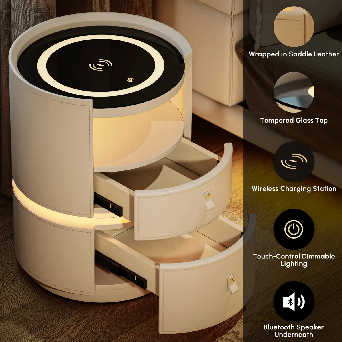 Modern Saddle Leather Smart LED Nightstand — image 14