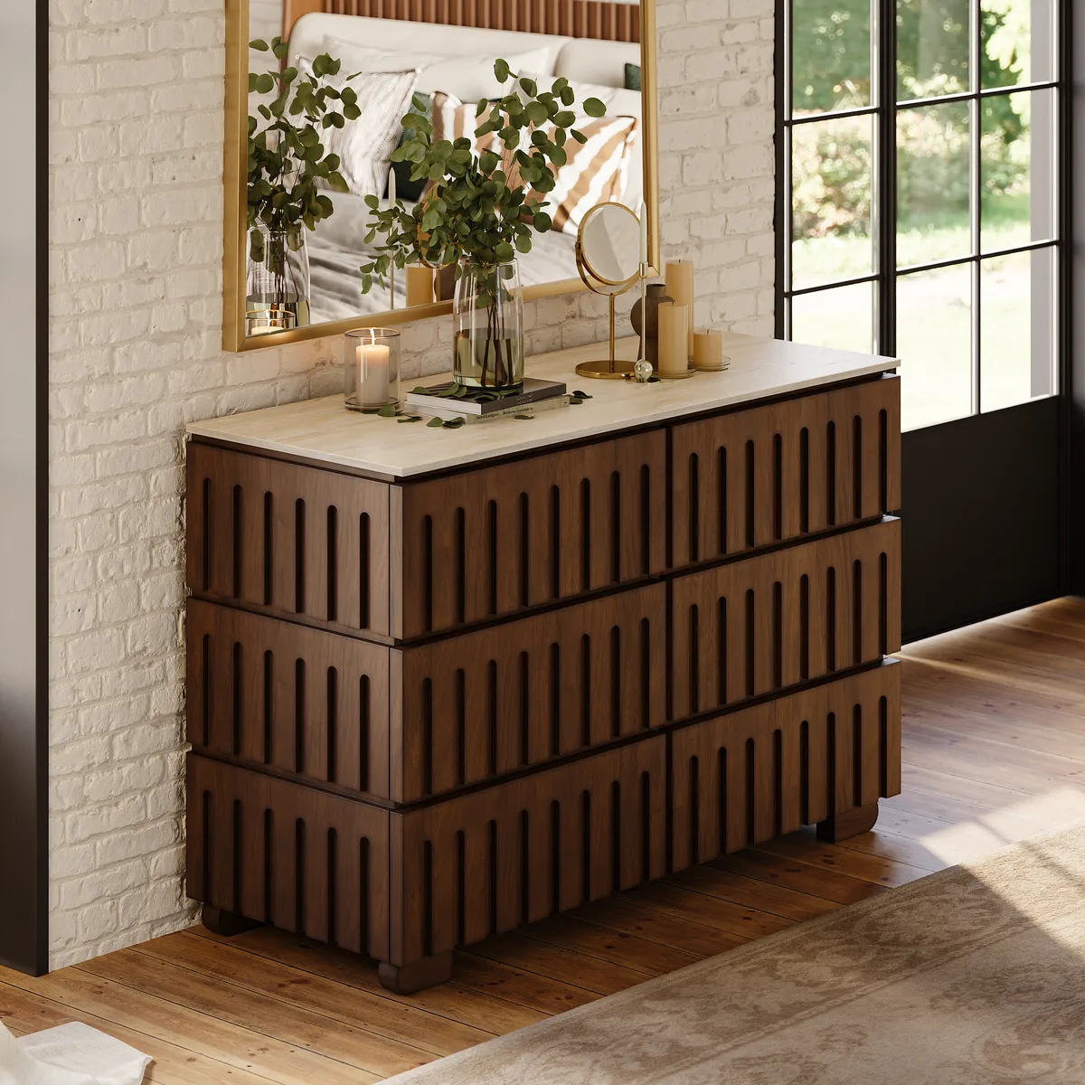 Florva Modern 47” Ash Wood 6 Drawer Dresser with Faux Travertine Sintered Stone Top — image 2