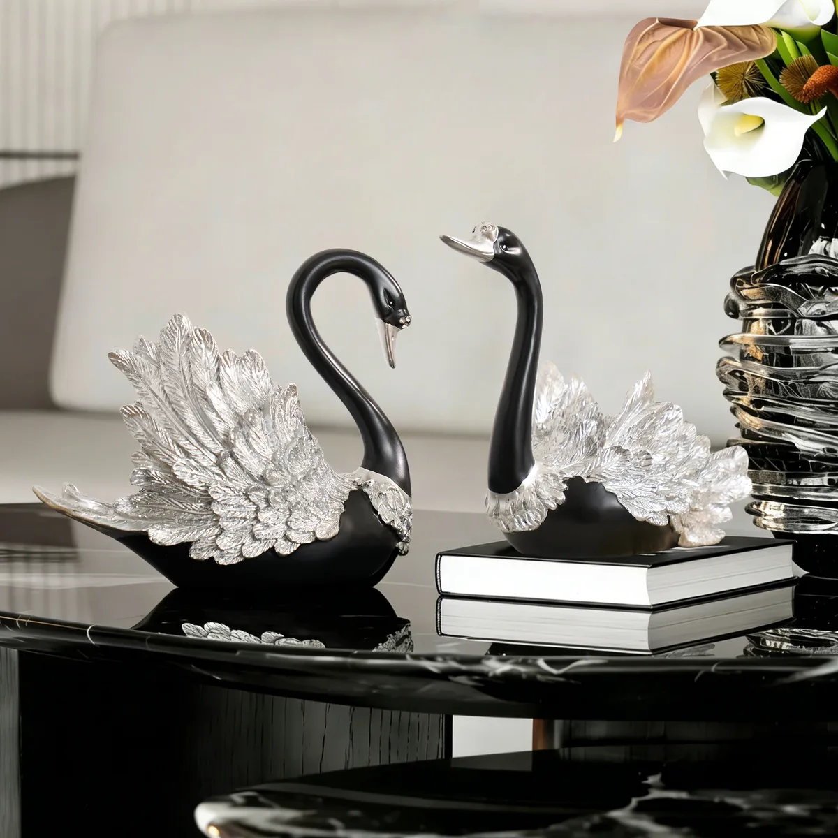 2-Piece Resin Swan Figurines, Black & Gold Decorative Storage Set — image 2