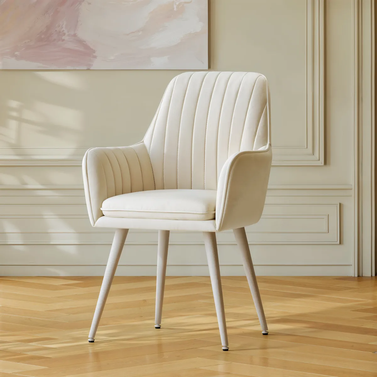 Modern Warm White Velvet Dining Chair with Cushioned Seat — image 5