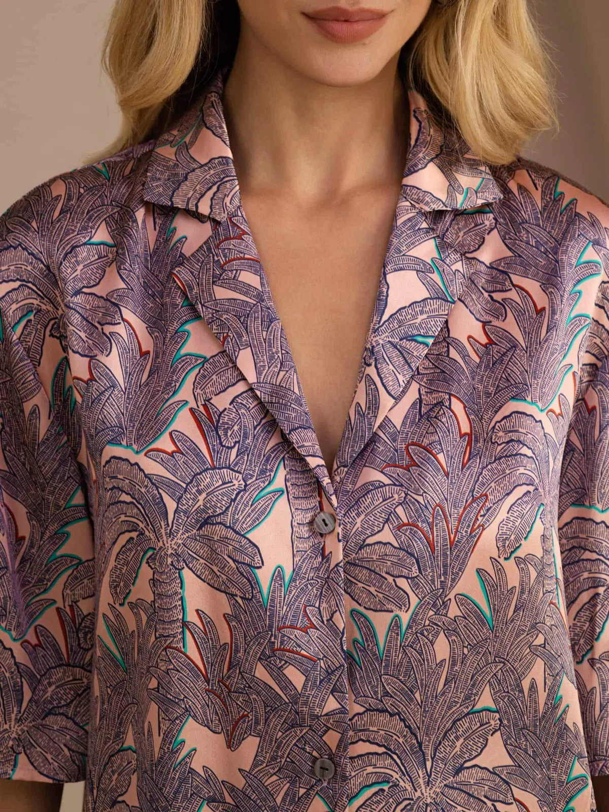 100% Mulberry Silk Women's Palm Tree Print Short Sleeve Button Up Pajamas Set — image 5