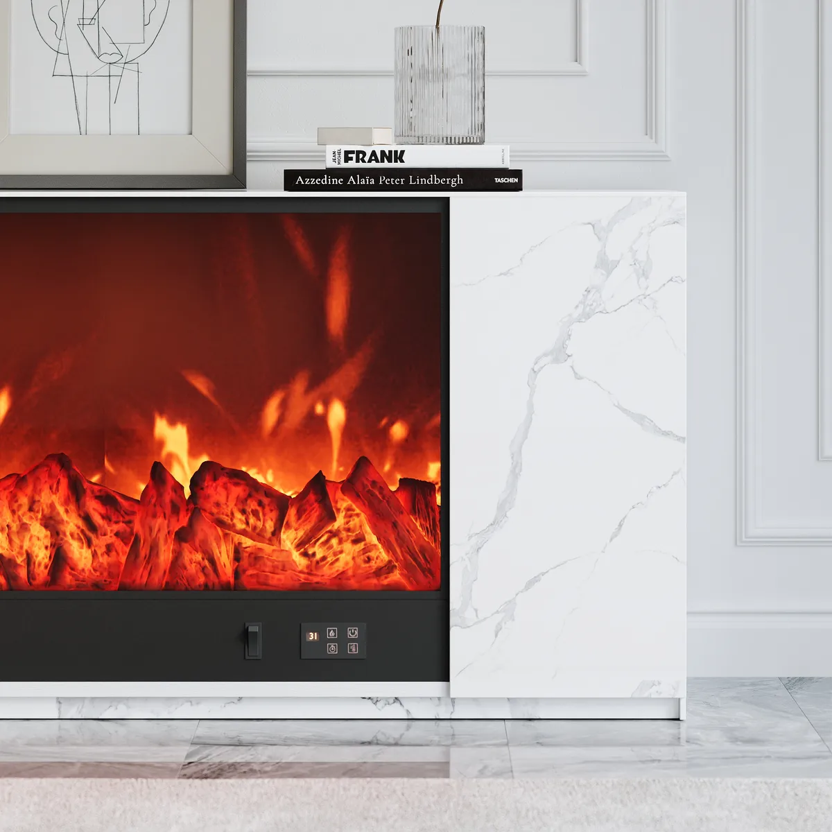 87" Modern White Marble Veneer Sintered Stone Electric Fireplace TV Stand with Remote Control Temperature Adjustable Coffee Table Set — image 8