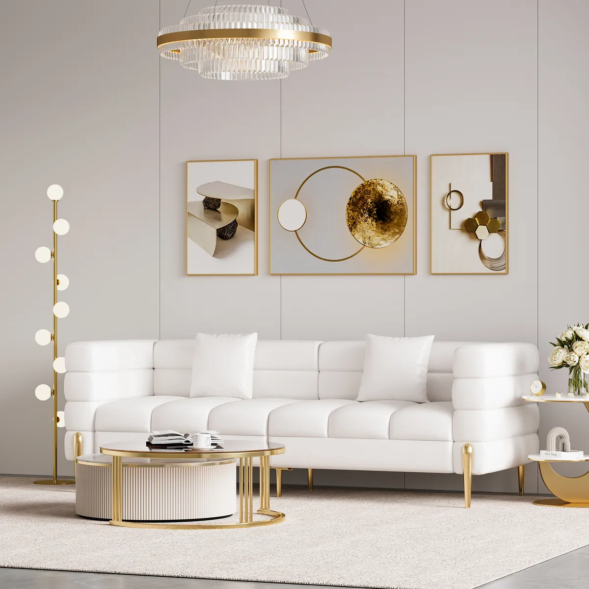 Round 2-Piece Nesting Set Sintered Stone Top Beige Coffee Table with Drawer 78.7" Modern White Boucle Upholstered Fluted 3-Seater Sofa — image 14