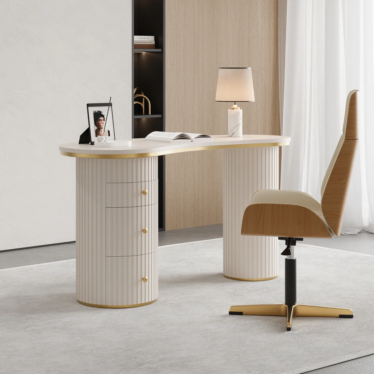 55.1" Modern Black Curved Desk 3-Drawer Wooden Home Office Desk Double Pedestal — image 14