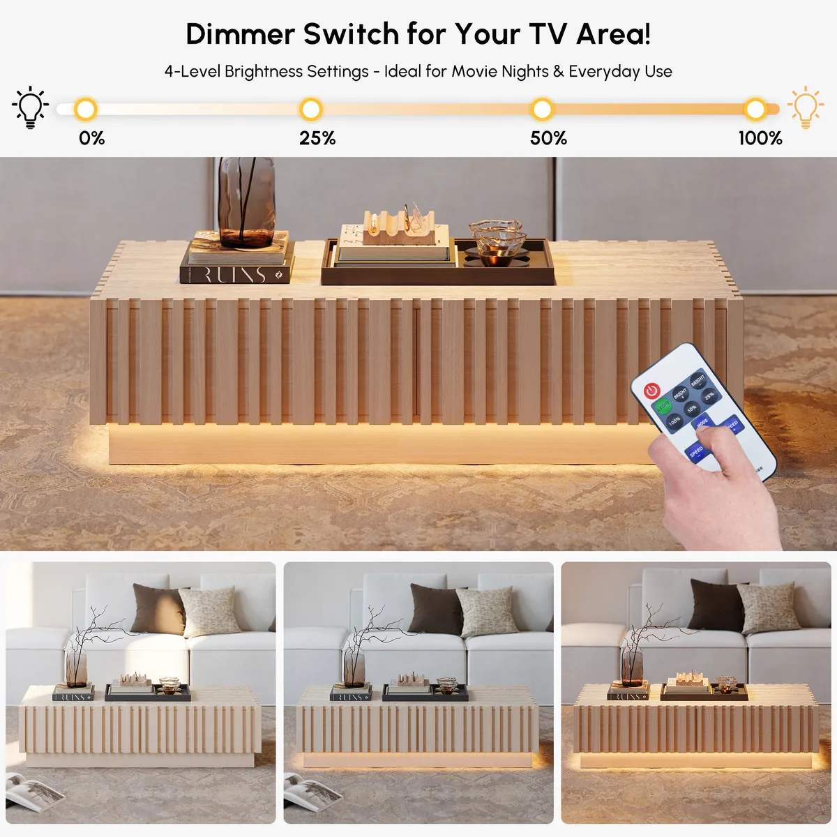 Aura 47" Ash Wood Slatted Coffee Table with Sintered Stone Top — image 9