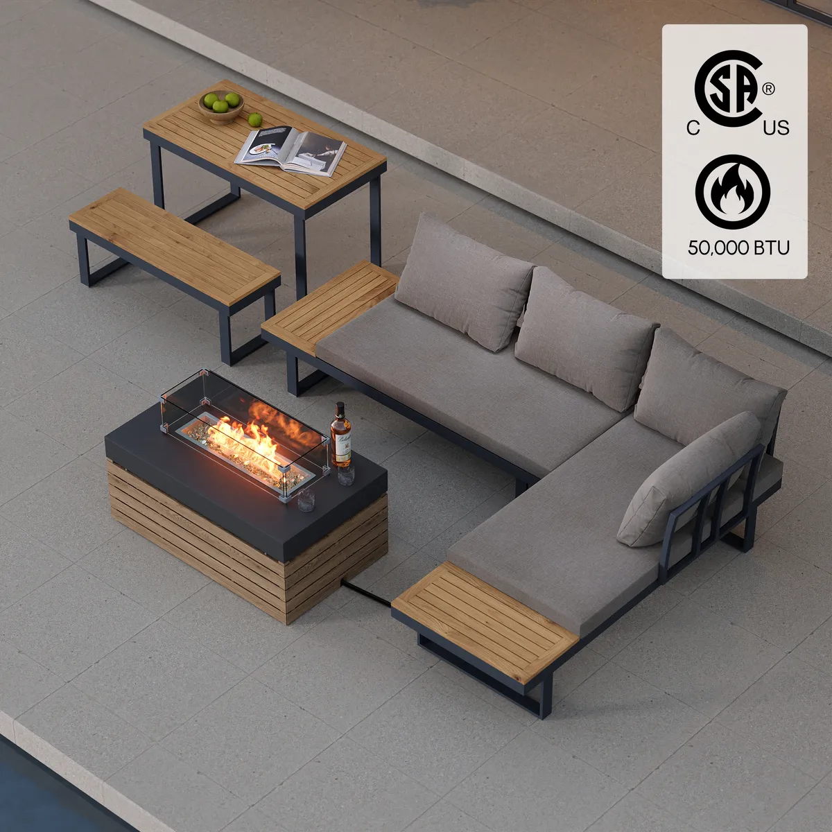 Aluminum Wood Outdoor Sectional Sofa & Propane Gas Fire Pit Table With Glass Wind Guard — image 2
