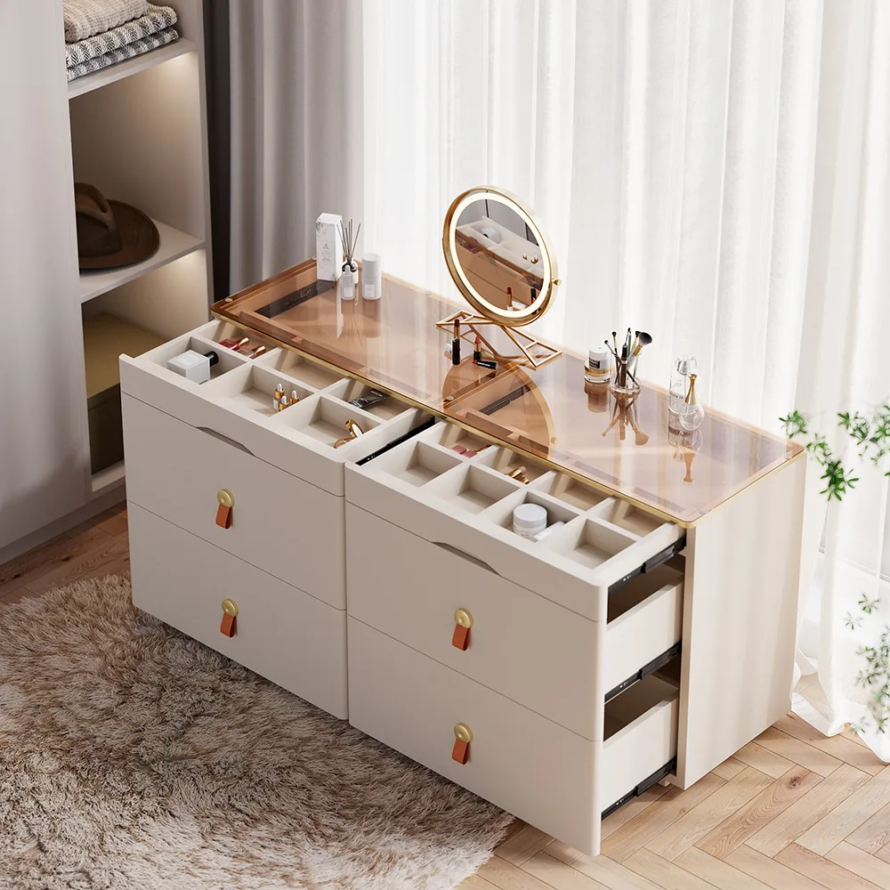 47"W Modern Glass Champagne Dresser 6 Drawer Closet Island with Jewelry Display Storage
