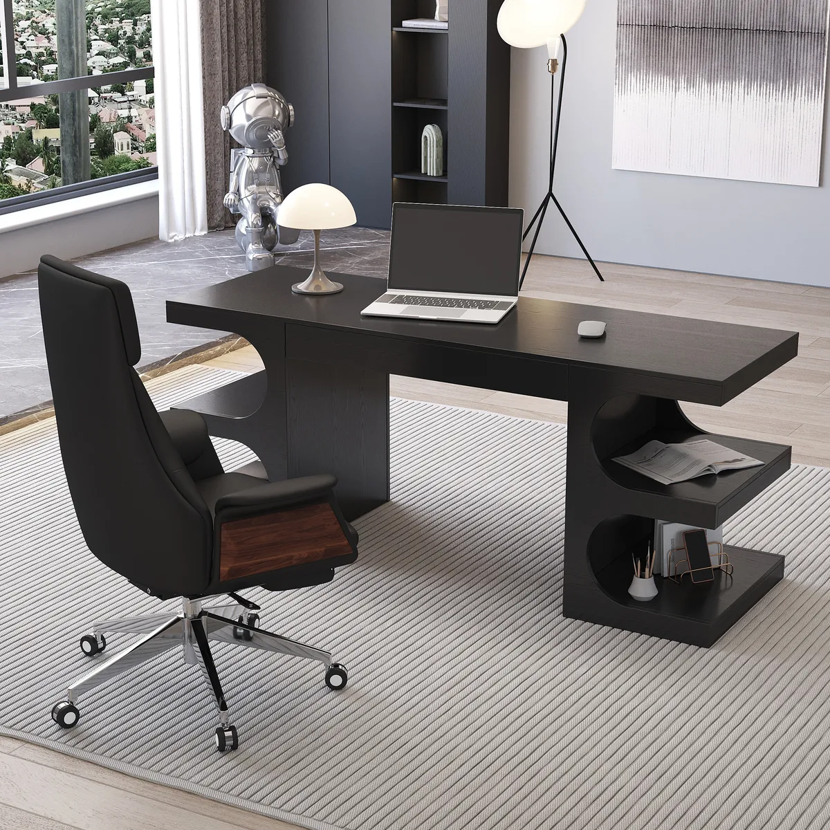 64.2" Black Wooden Writing Desk & Reclining Leather Office Desk Chair Set — image 3