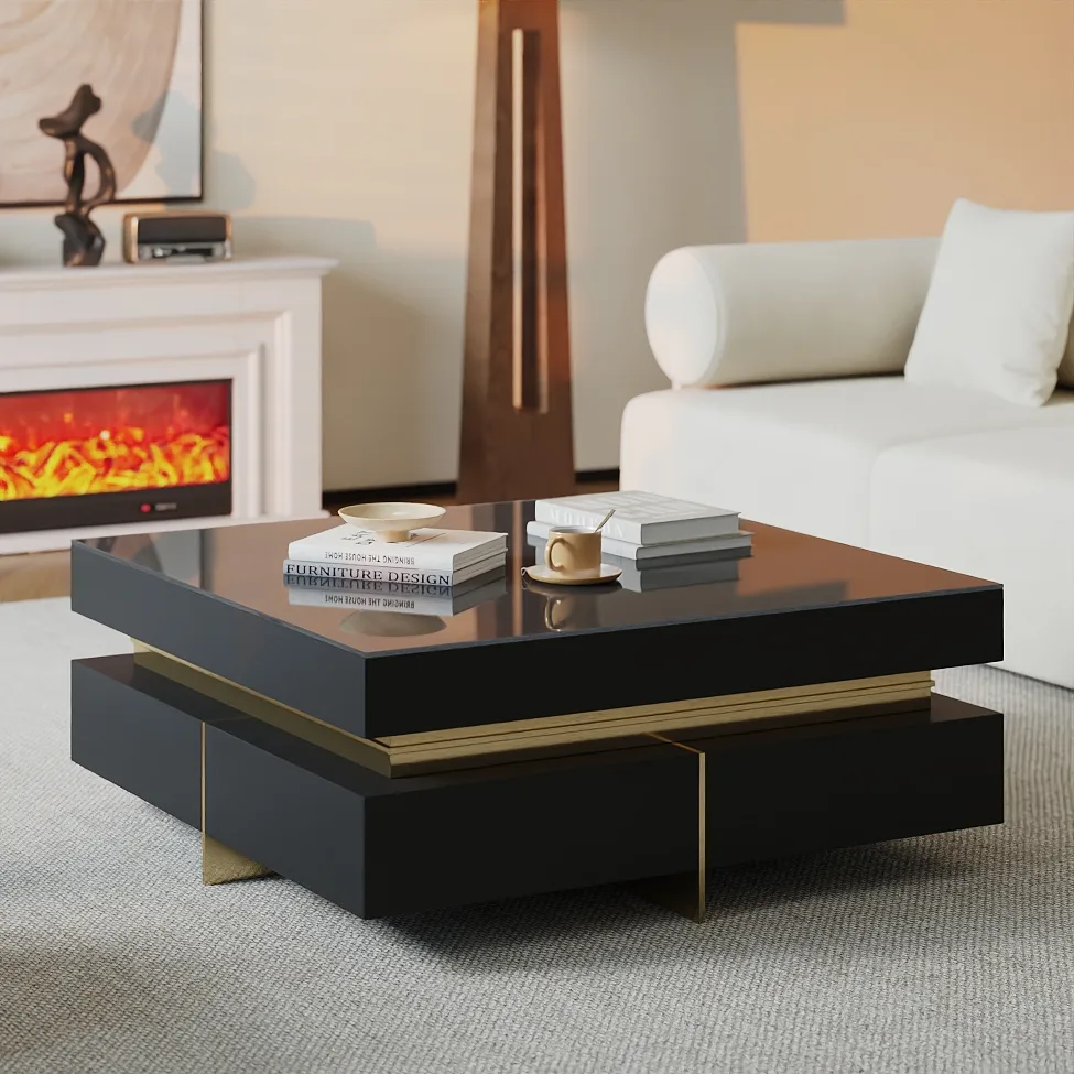 Black Modern Square Coffee Table with Drawers