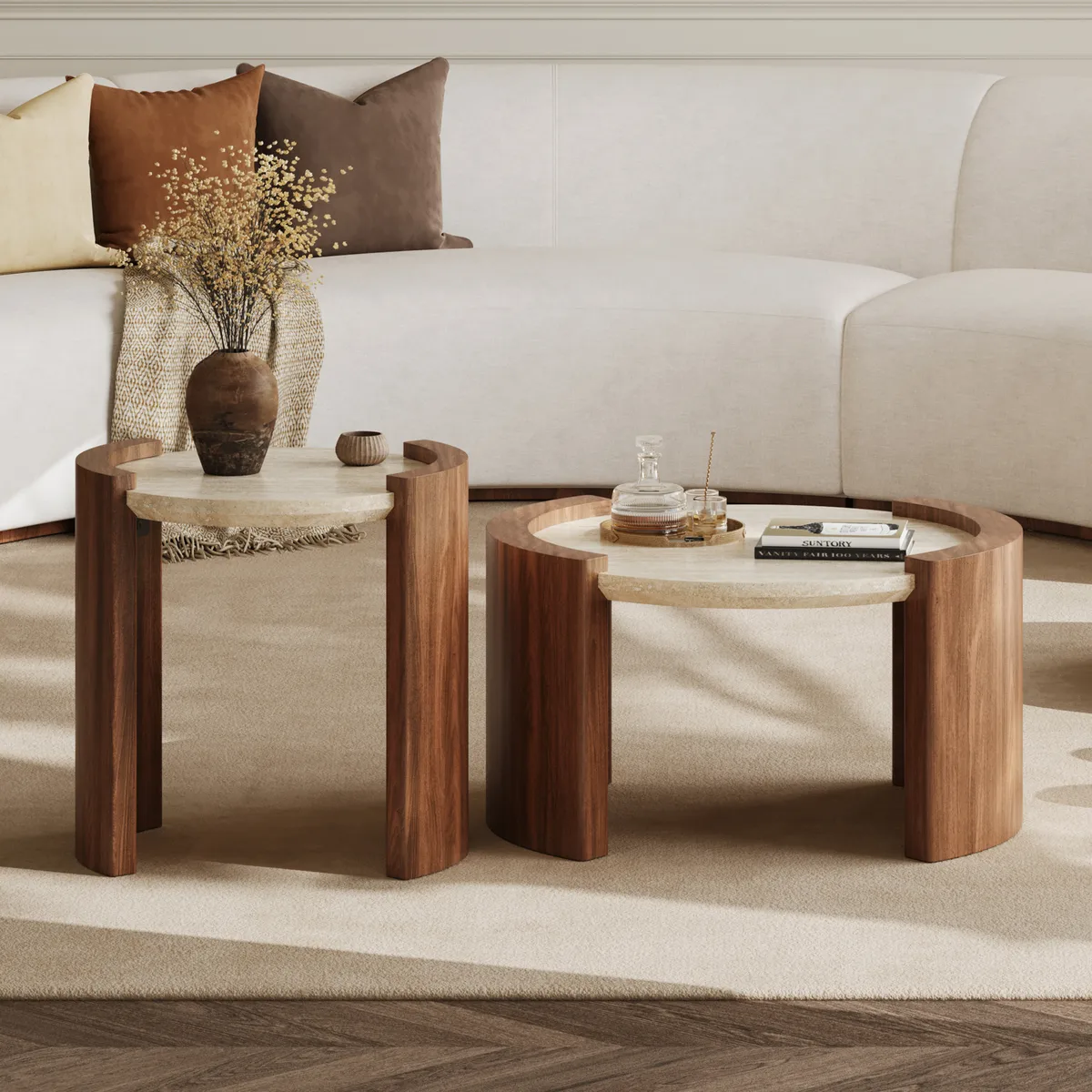 28" Walnut Round Coffee Table with Travertine Top — image 4