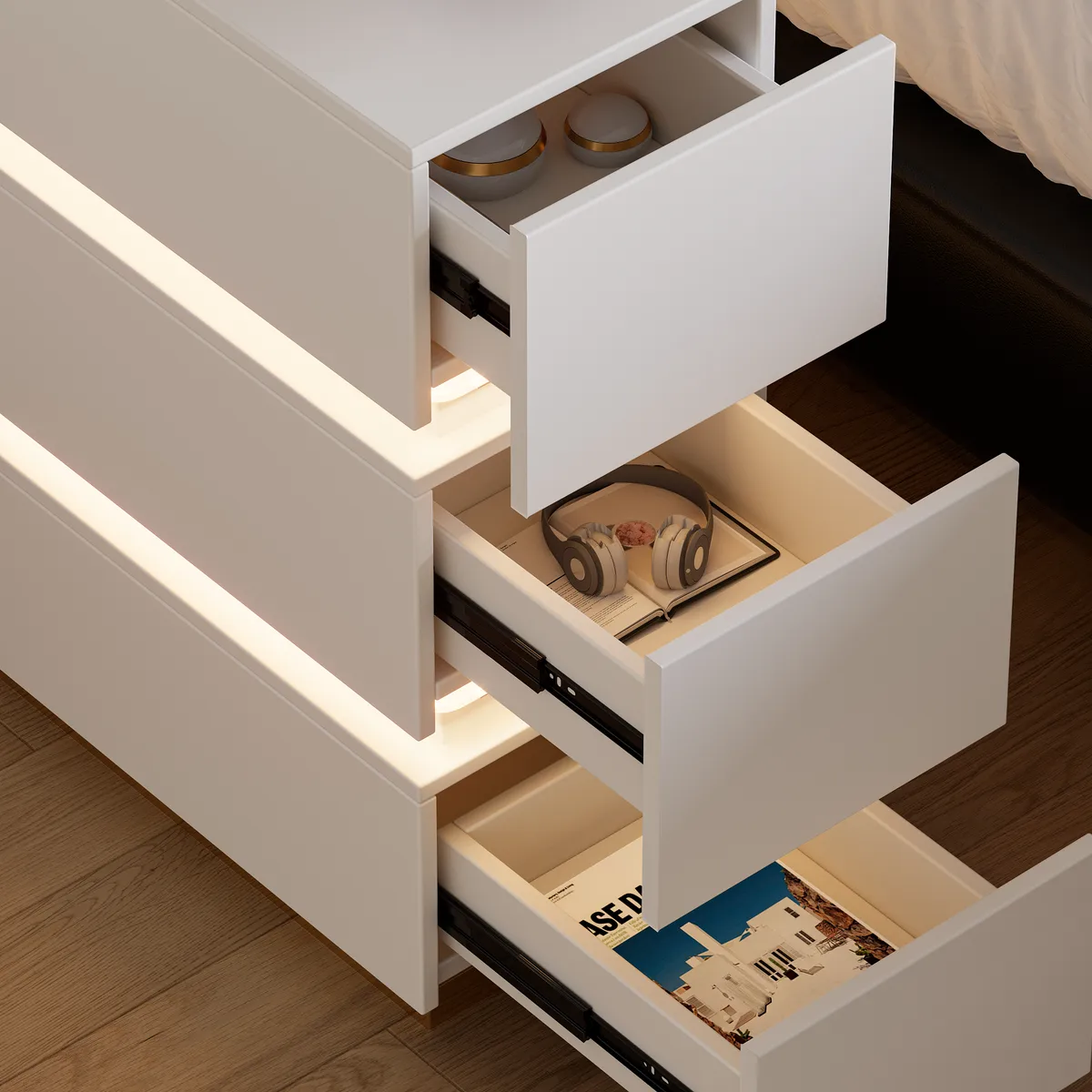 Narrow Smart 3-Drawer Nightstand with Charging Station Bedside Table with Light — image 13