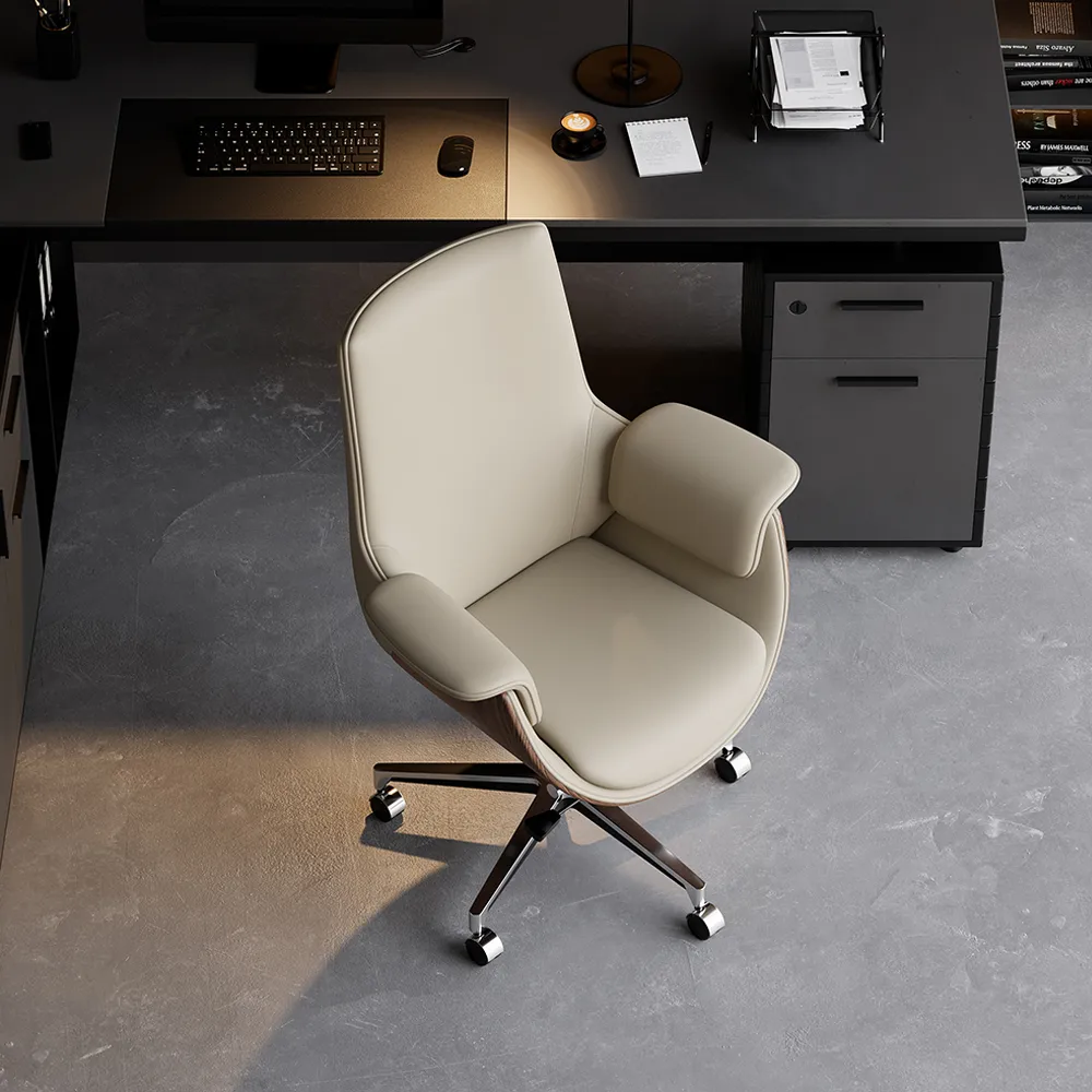 Black Leather Modern Home Office Chair Upholstered High Back Desk Chair Wood Grain Frame — image 25