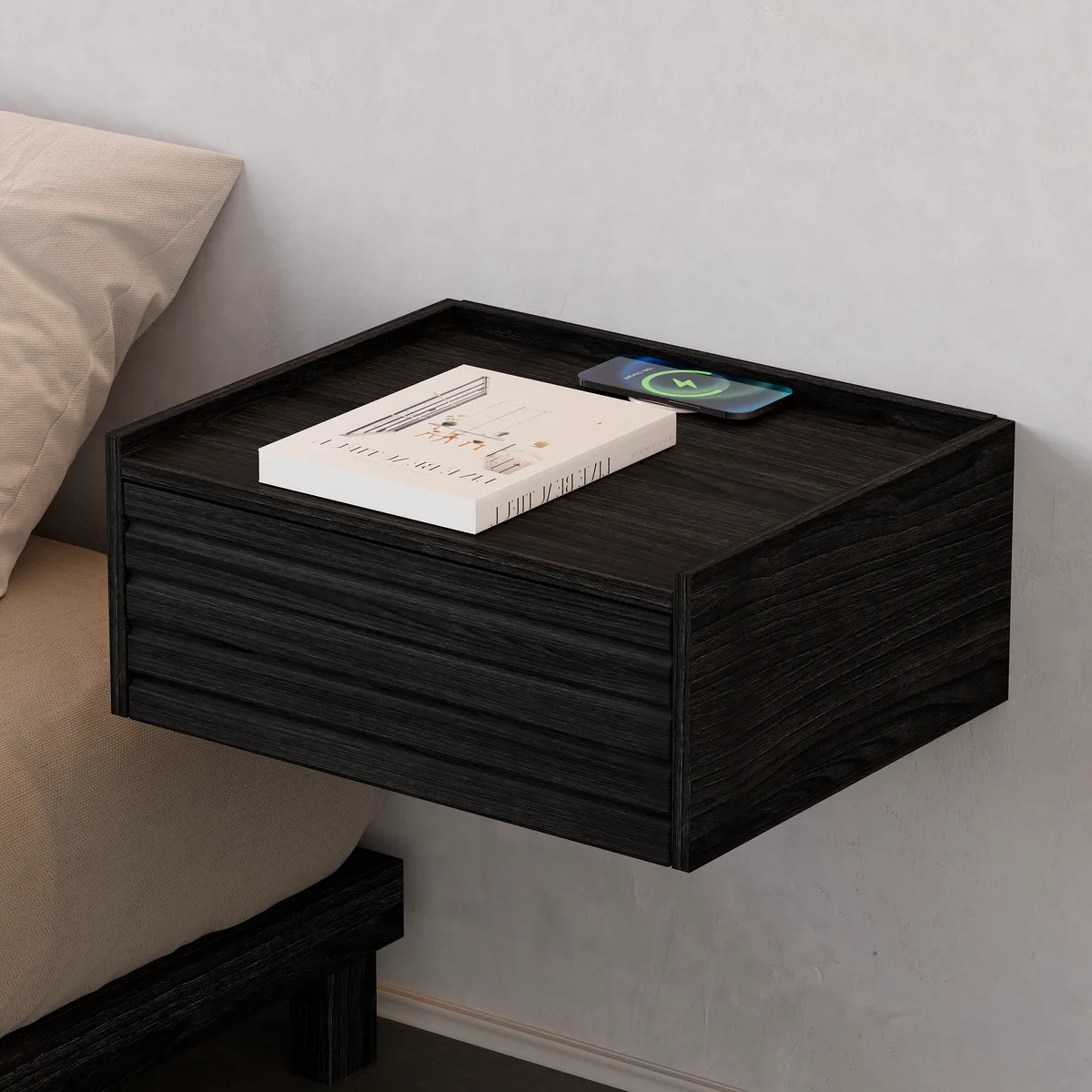 Wooden Floating Nightstand Modern Bedside Table with Charging Station Japanese Style — image 8