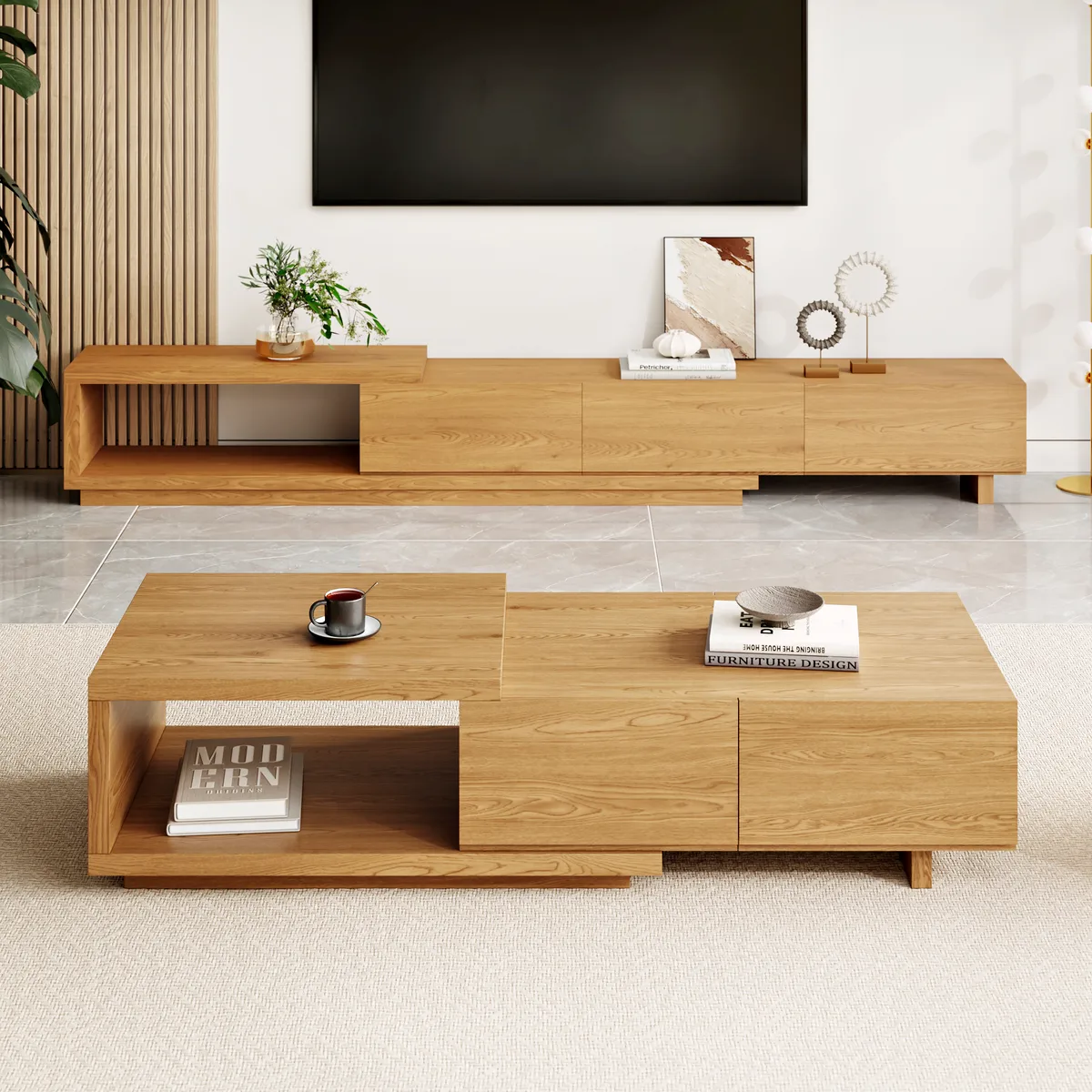 Quoint 68.9" Modern White Coffee Table Retracted & Extendable with 2-Drawer — image 15