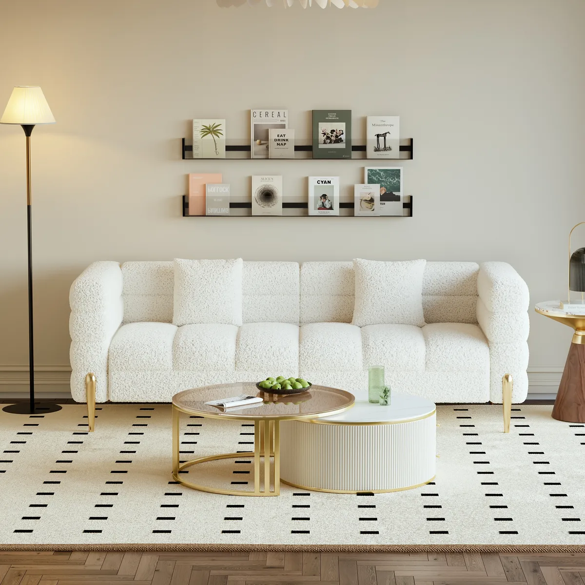 Round 2-Piece Nesting Set Sintered Stone Top Beige Coffee Table with Drawer 78.7" Modern White Boucle Upholstered Fluted 3-Seater Sofa — image 5