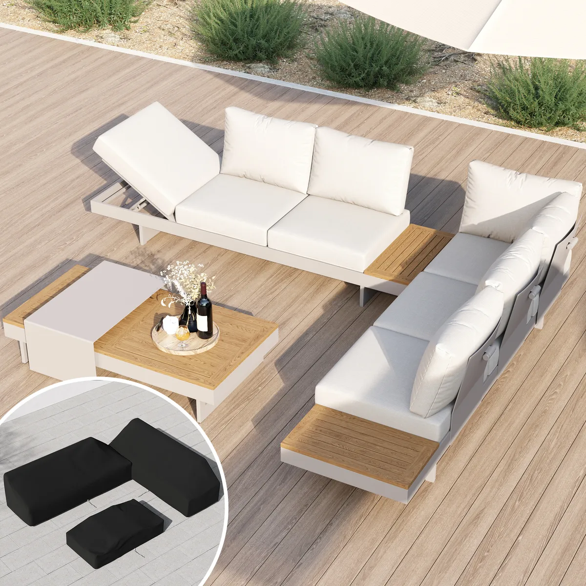 Tevara 7-Piece Outdoor Teak & Aluminum Modular Sofa Set for 6 with Ivory Cover — image 22