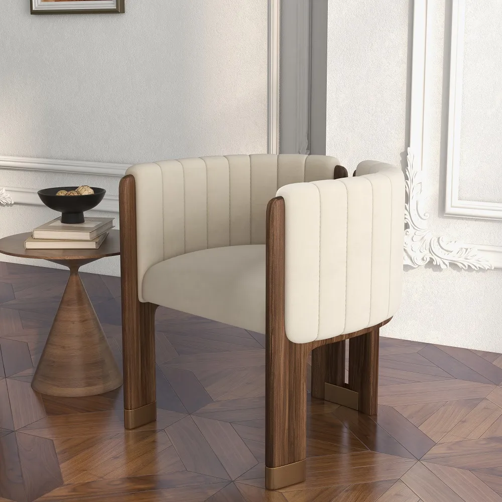 Modern Wood Accent Chair Beige Velvet Upholstered Arm Chair — image 21