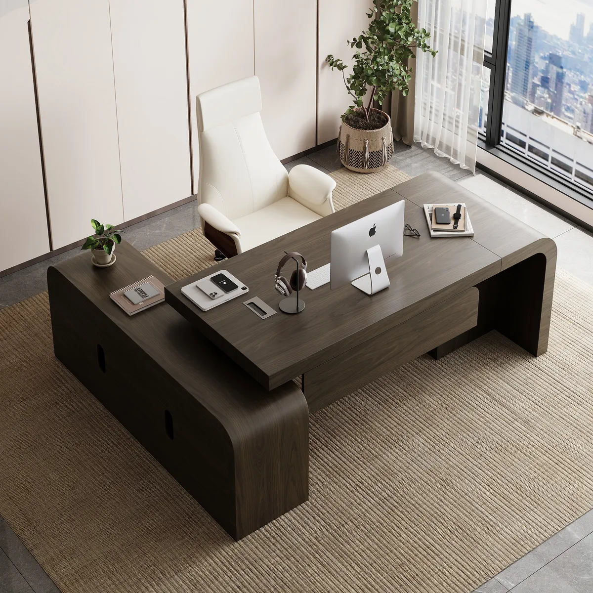 Chicent 71'' L-shaped Smoked Brown Computer Desk with Cabinet Left Hand — image 14