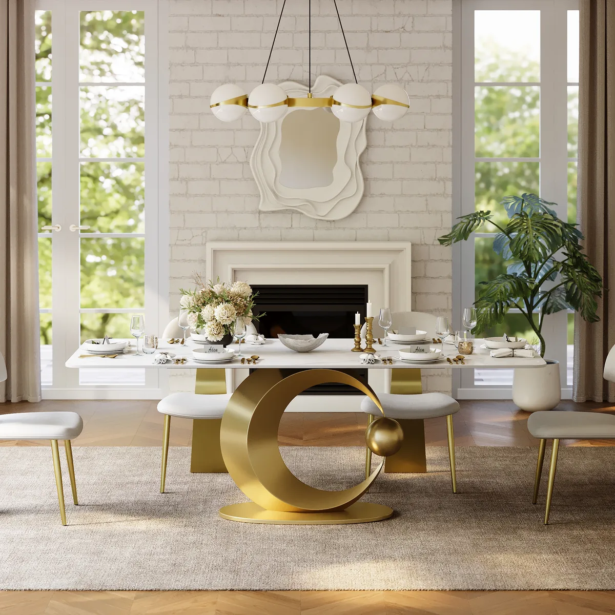 71" White Rectangular Dining Table Modern Faux Marble Tabletop with Pedestal Base — image 4