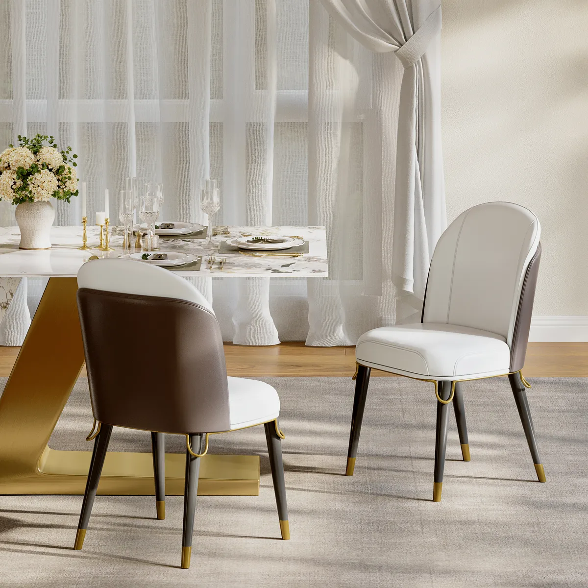 Modern Dining Chairs PU Leather with Upholstered Warm White Dining Room Chairs 4-Pieces