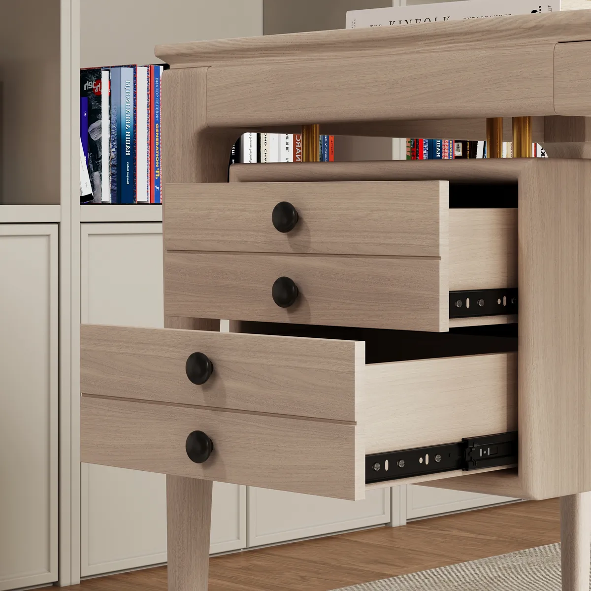 Mid-Century Style 55.1" Whitewash Ash Wood Home Office Desk with 3 Storage Drawers and Metal Accents — image 10