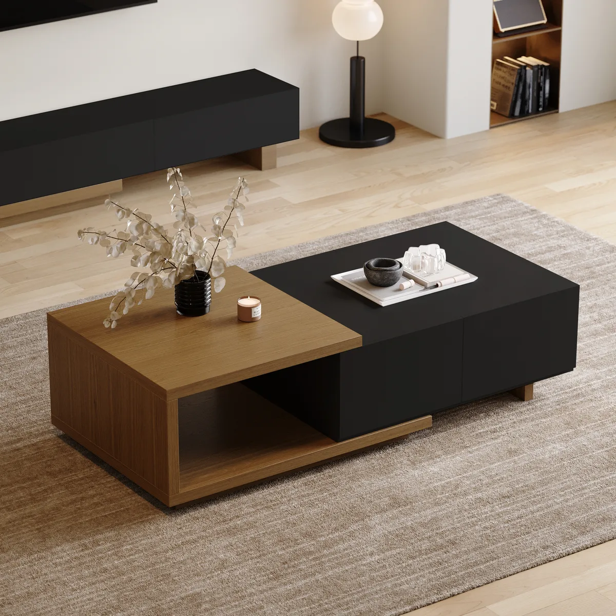 Quoint 68.9" Modern White Coffee Table Retracted & Extendable with 2-Drawer — image 2