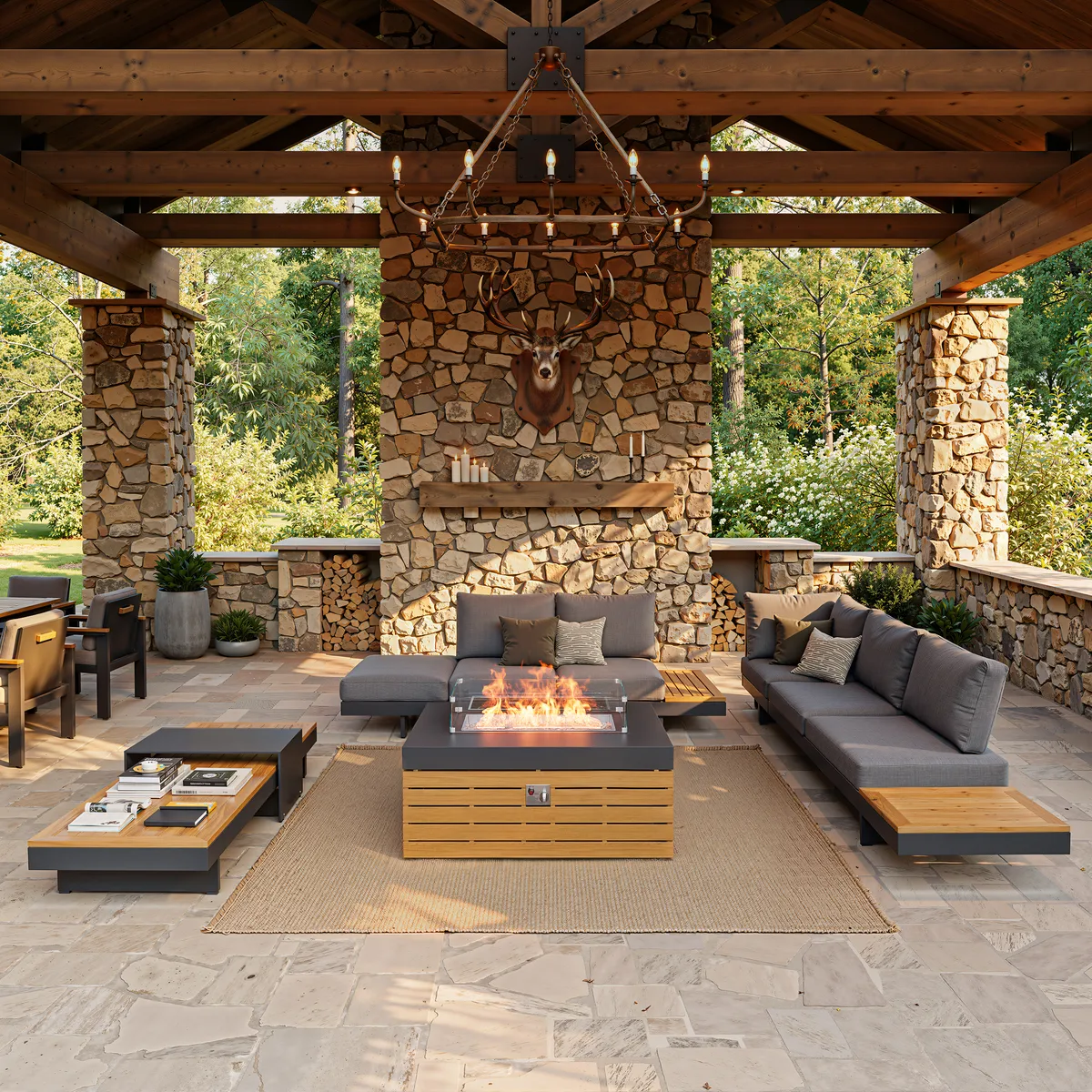 Tevara 47" 5-Pieces Modular Teak Outdoor Sofa Set with Smokeless Fire Pit for 6 Person — image 13