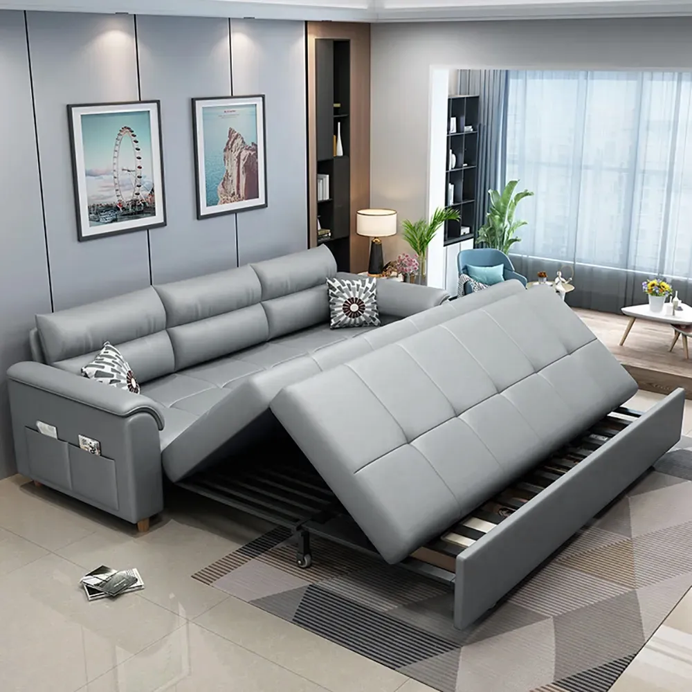 Leather Queen Size Sleeper Sofa with Trundle Pull Out Sofa Bed