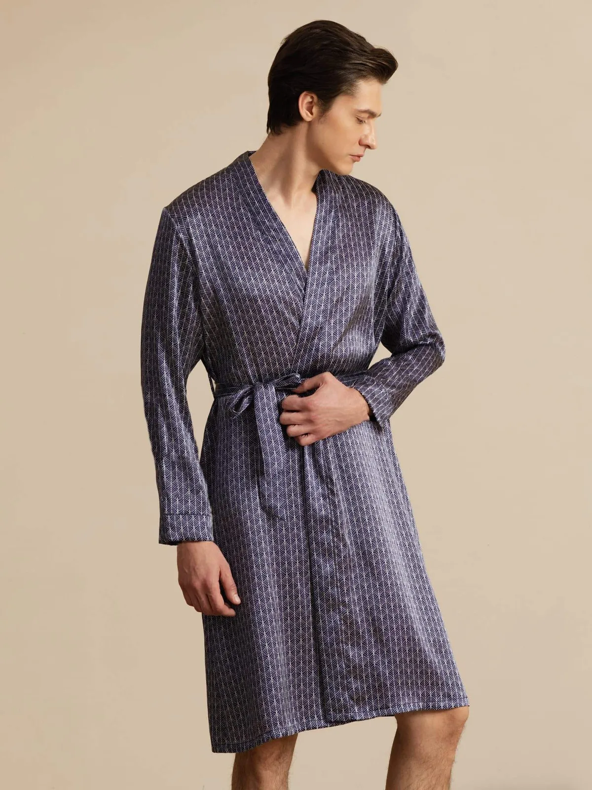 100% Mulberry Silk Men’s Knee Length Ginkgo Printed Robe With Belted Design — image 4