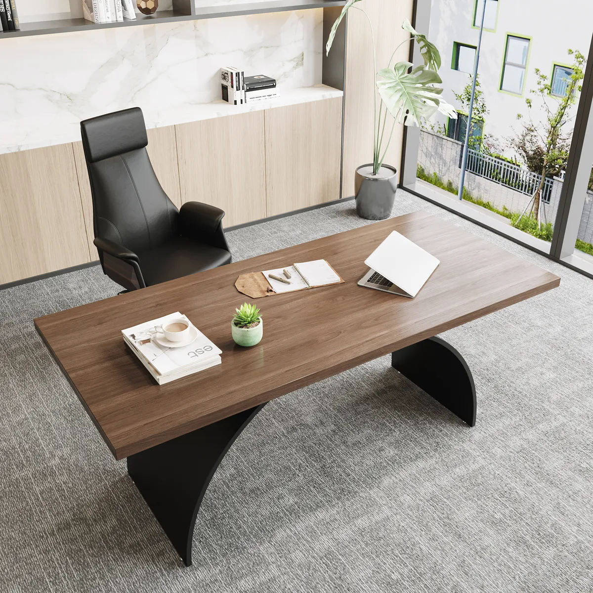 70.9" Industrial Black Rectangular Writing Desk & Office Desk Chair Set High Back