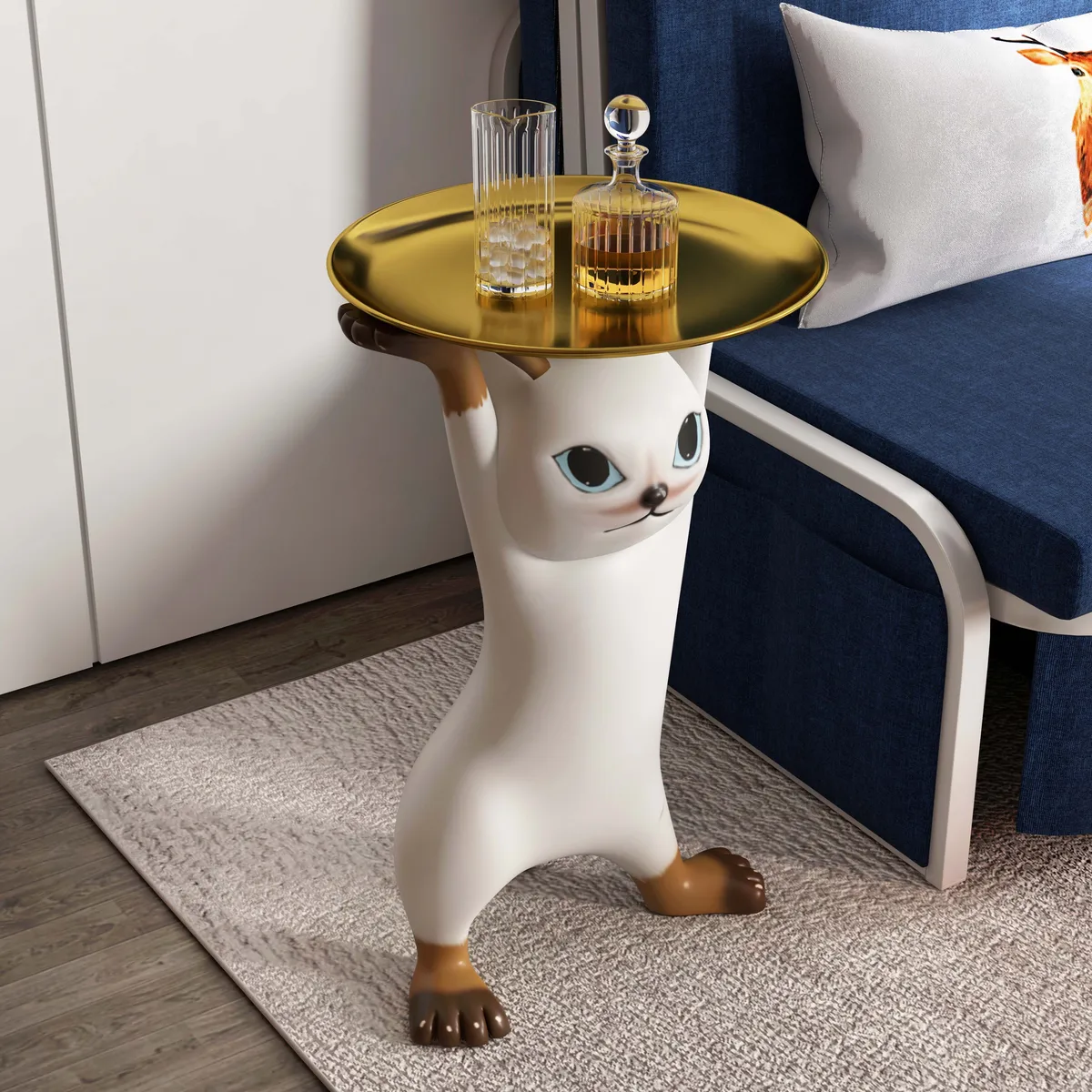 Modern Cat Side Table Decorative Cocktail Table Floor Resin Figurine with Gold Tray End Table — image 3