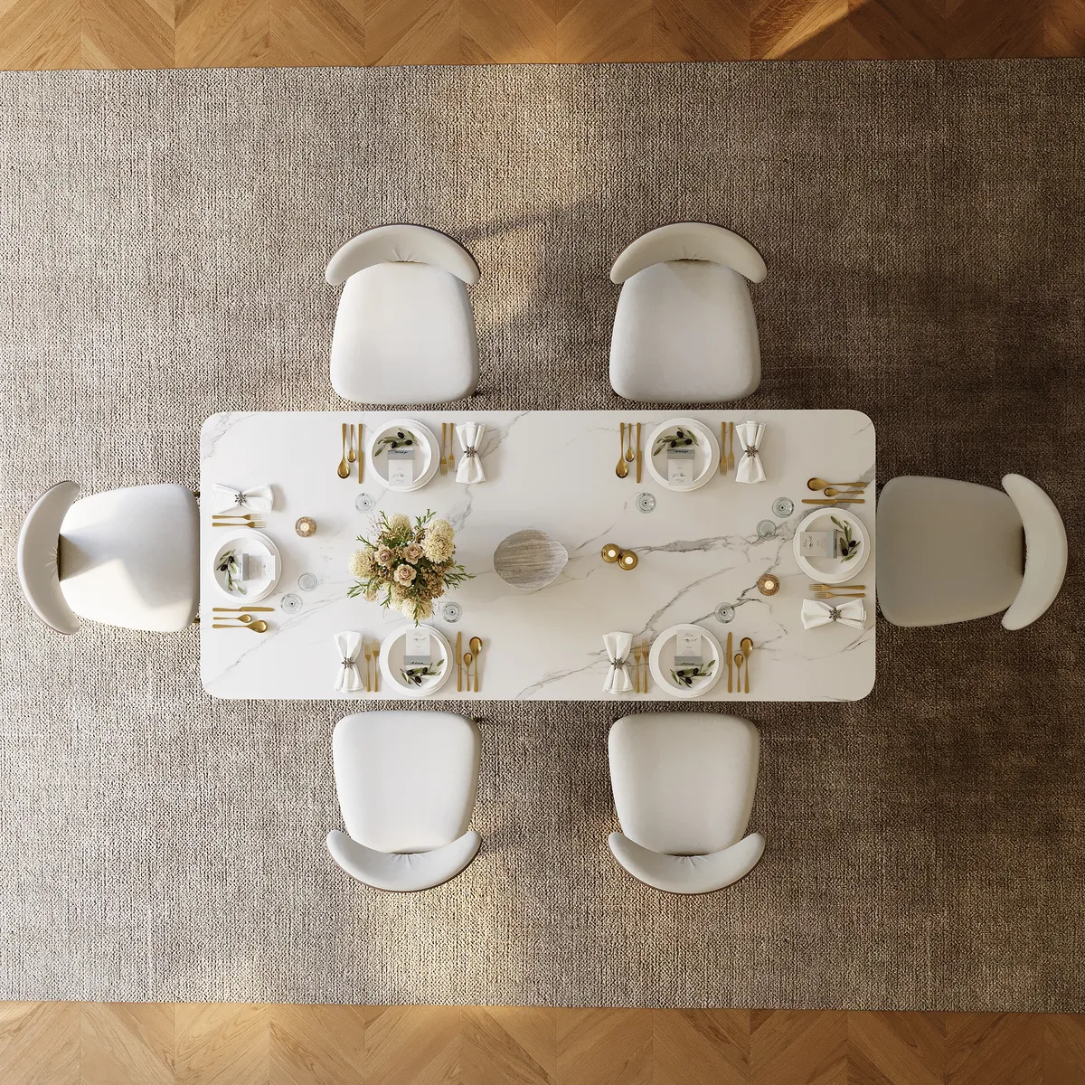 71" White Rectangular Dining Table Modern Faux Marble Tabletop with Pedestal Base — image 5