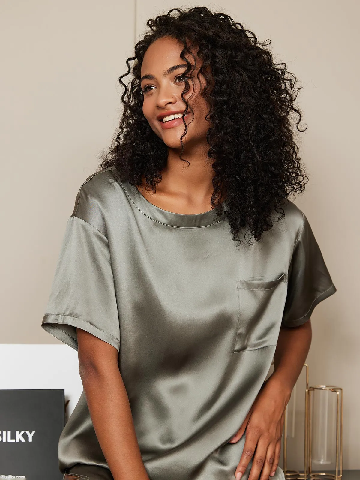 100% Mulberry Silk Short Sleeve Round Neck Womens Sleep Tee (Shorts Not Included) — image 3