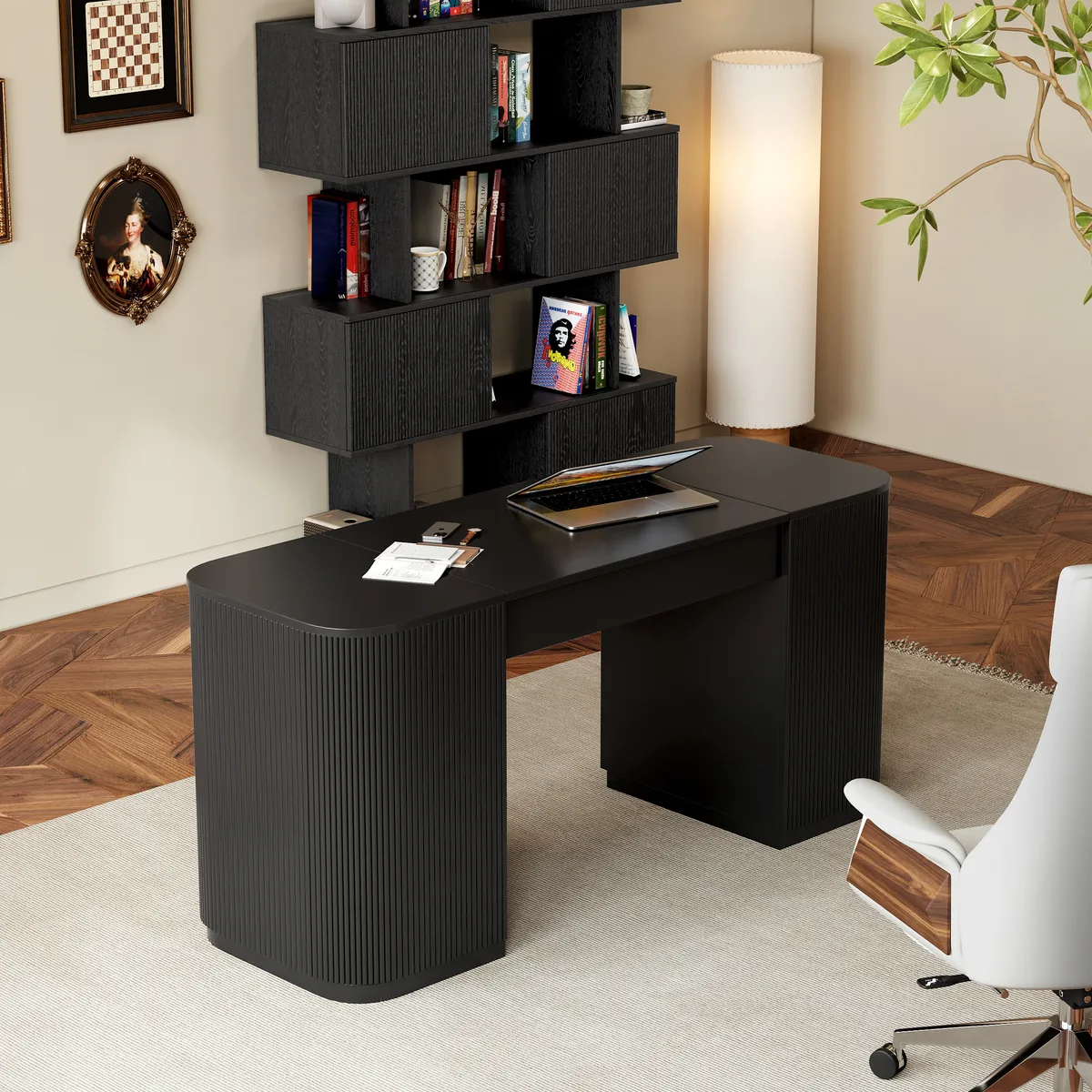 Modern 60" Black Standing Office Desk & Sliding Door Etagere Bookshelf — image 3