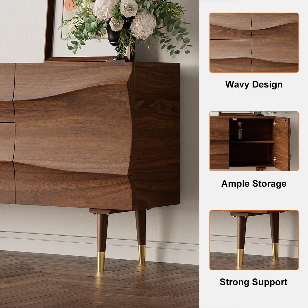 Lake 71" Walnut Sideboard Credenza with Storage Buffet Kitchen Cabinet Wavy Mid-Century — image 9