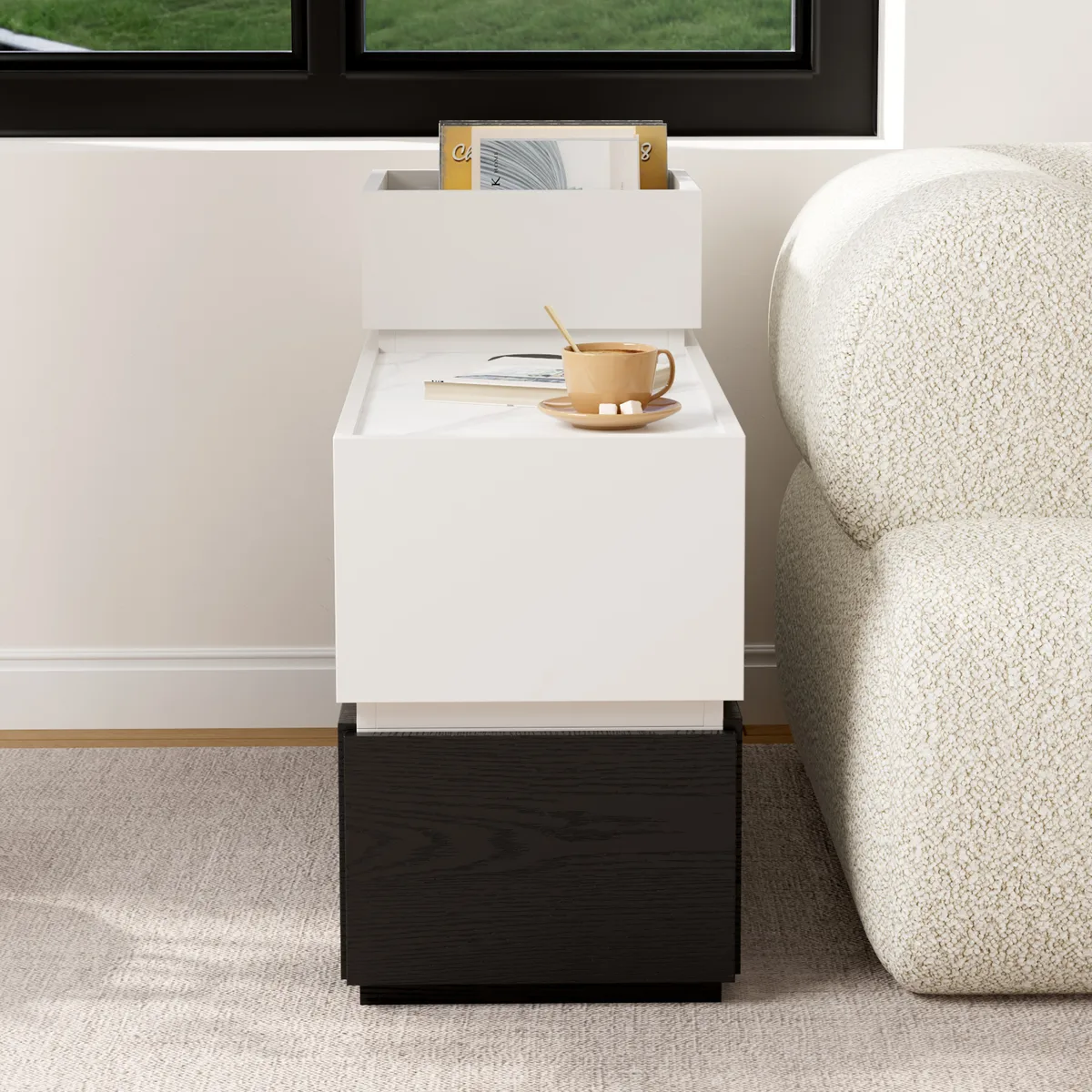 Travertine Stone Top Narrow Smart Side Table with Storage Modern Walnut End Table with USB Charging — image 13
