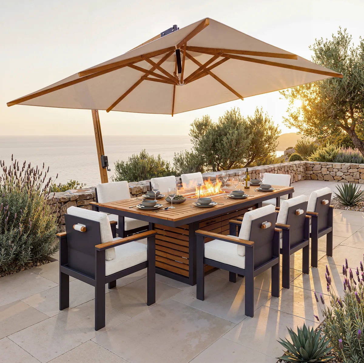 Tevara 7 Pieces Outdoor Dining Set with Propane Fire Pit Table & Aluminum Armchair — image 12