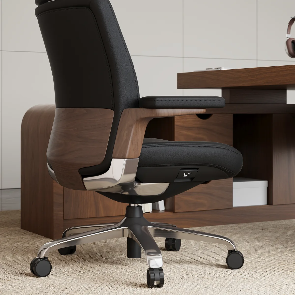 Black Genuine Leather Swivel Office Chair with Ergonomic Synchro-Tilt Recline System — image 10